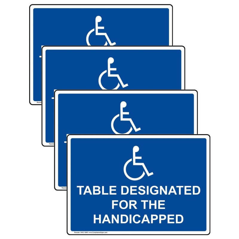 ComplianceSigns.com طاولة مخصصة لعلامة ذوي الاحتياجات الخاصة مع رمز، 5x3.5 بوصة. 4 عبوة فينيل لتناول الطعام/الضيافة/التجزئة الأزرق